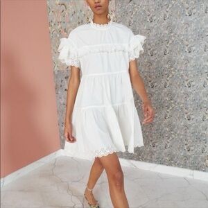 Ulla Johnson blanc leonie eyelet trapeze ruffled high neckline mini dress white